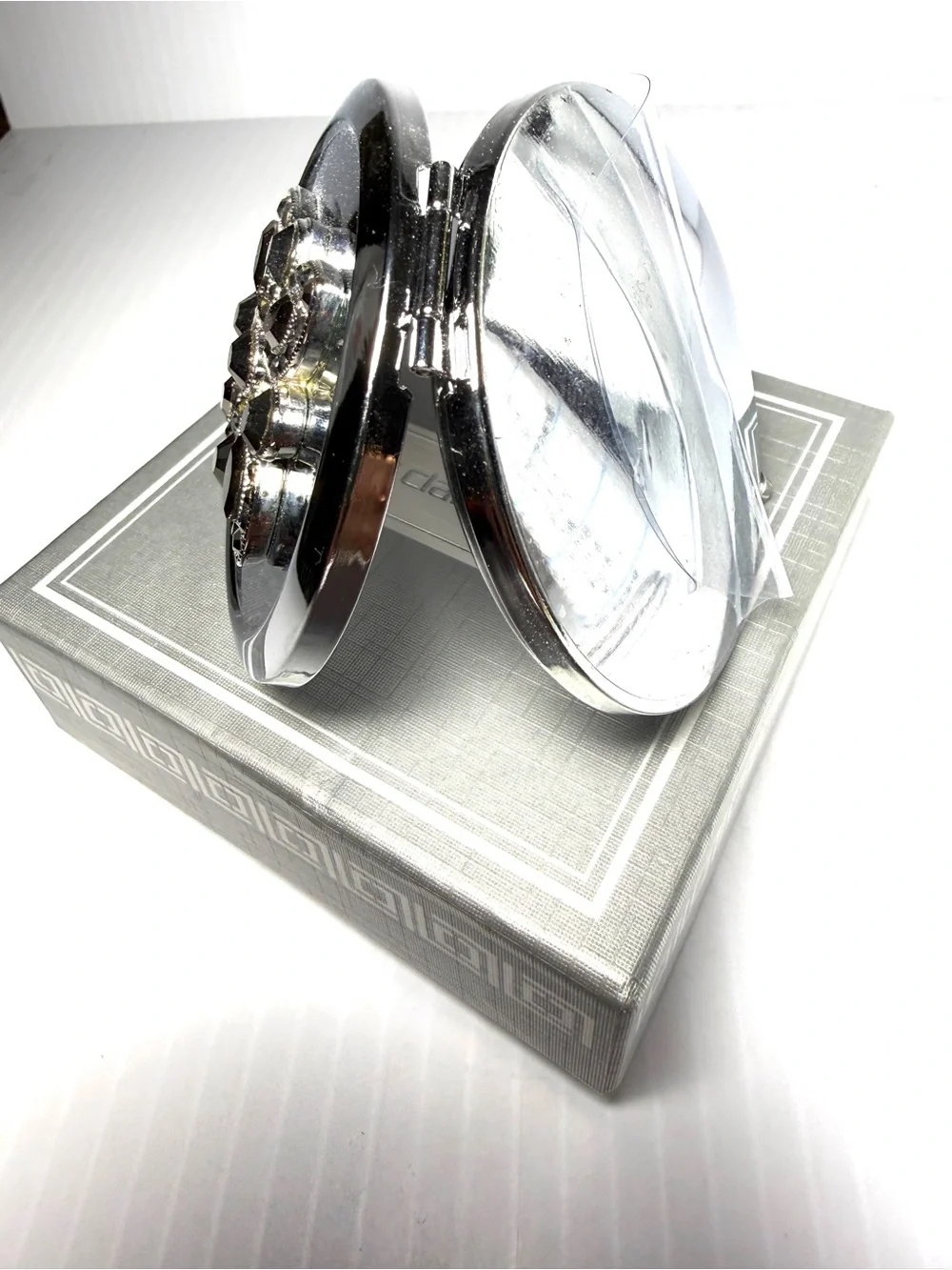 Liz Claiborne Silver Compact Mirror with Crystal Flower Accent